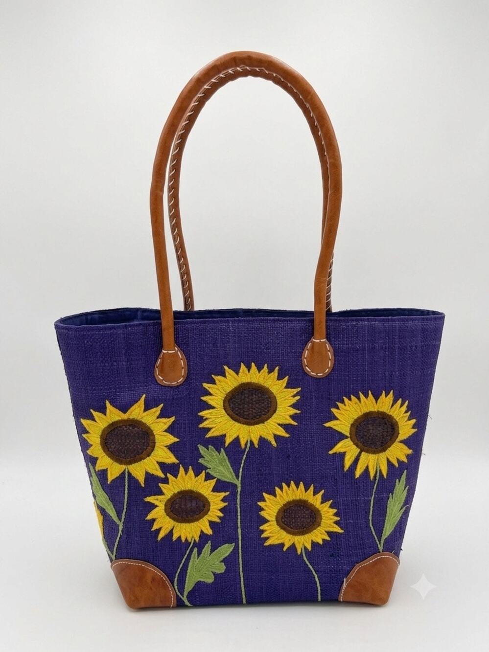 Blue Woven Raffia Sunflower Tote Bag Embroidered Cottagecore Boho Summer